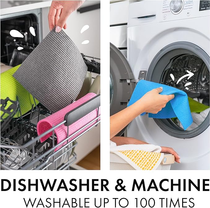 SUPERSCANDI 6 Pack Swedish Dishcloths for Kitchen - 100% Biodegradable & Compostable Reusable Paper Towels Washable, Food-Safe & Without Plastic - Dish Rags for Any Surface, Pink, Yellow, White