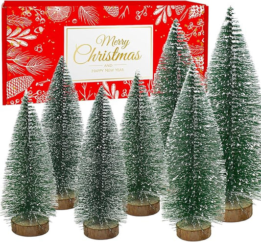 7PCS Small Christmas Trees, Bottle Brush Christmas Trees Mini Sisal Snow Frost Trees Pine Trees with Wood Base Tabletop Mini Christmas Village Tree for Holiday Decorations
