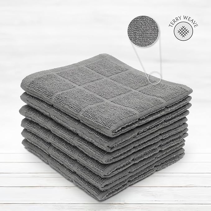 100% Cotton Dish Cloth for Dish Washing, Terry Dish Cloth, Cotton Dish Rags, 6 Pack, Super Soft and Absorbent,12"x12" inches, Reusable Cleaning Cloth, Grey