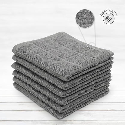 100% Cotton Dish Cloth for Dish Washing, Terry Dish Cloth, Cotton Dish Rags, 6 Pack, Super Soft and Absorbent,12"x12" inches, Reusable Cleaning Cloth, Grey