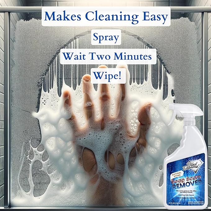 Black Diamond Stoneworks Natural Stone Shower Soap Scum Remover Spray. For Cleaning Bathtubs, Glass Doors, Tubs, Travertine, Marble, Tile. Heavy Duty, Safe Acid-Free Cleaner. Safe for fixtures.