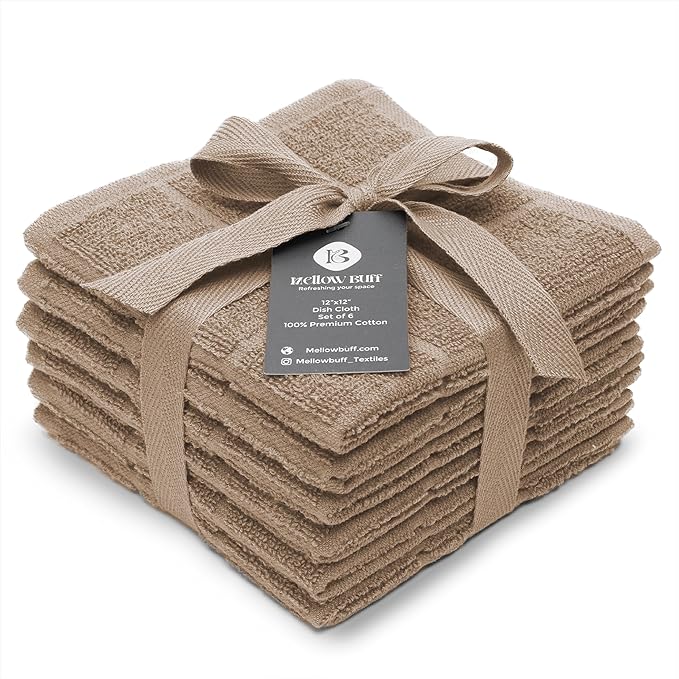 100% Cotton Dish Cloths for Dish Washing, Terry Dish Cloth, Cotton Dish Rags, 6 Pack, Super Soft and Absorbent, 12"x12" inches, Reusable Cleaning Cloth, TAN Dish Cloth