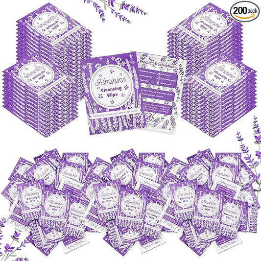 Tondiamo 200 Pcs Feminine Wet Wipes for Women Individually Wrapped Flushable Wipes Travel Size Soothing Personal Cleansing Natural Ingredients for Feminine Daily Use(Lavender Scented)