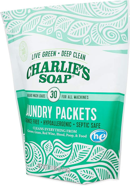 Charlie's Soap - Unscented Powdered Laundry Packets 30 Count (2 Pack 60 Total Loads)