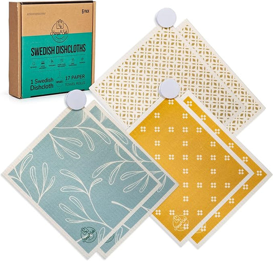 Harps&Seb Swedish Dishcloths for Kitchen - 6 Pack, Reusable Paper Towels with Clips, Super Absorbent Washable Non-Scratch Swedish Dish Towels, No Odor, Biodegradable