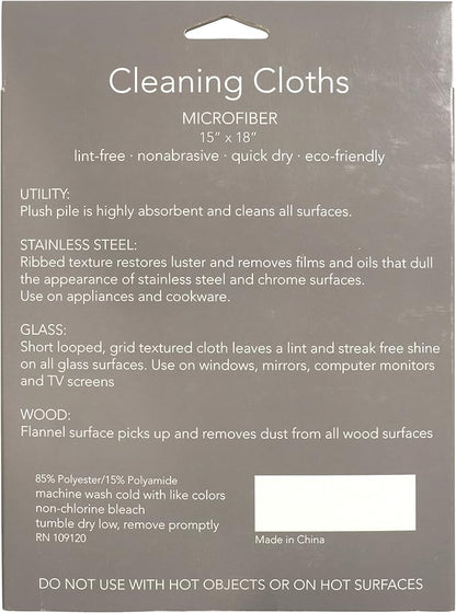 KAF Home Pantry Multipurpose Microfiber Textured Cleaning Cloth 4-Pack, 15 x 18-Inch, (1 Utility Cloth, 1 Stainless Steel Cloth, 1 Glass Cloth, 1 Wood Cloth)