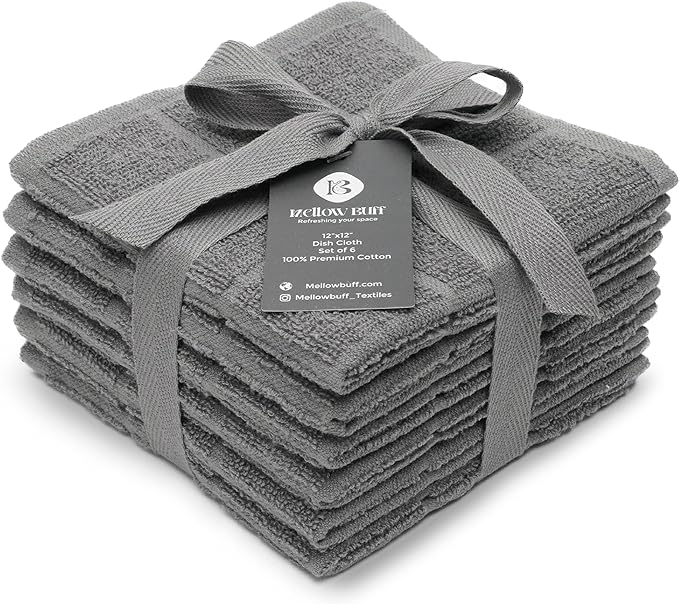 100% Cotton Dish Cloth for Dish Washing, Terry Dish Cloth, Cotton Dish Rags, 6 Pack, Super Soft and Absorbent,12"x12" inches, Reusable Cleaning Cloth, Grey