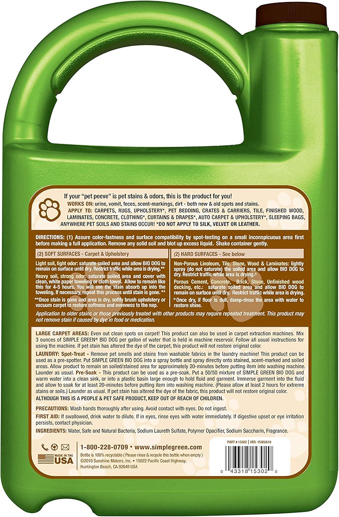 Simple Green Bio Active Stain & Odor Remover for Pet & Carpet- Pet & People Safe (1 Gal), Milky White, 128 Fl Oz (Pack of 1)