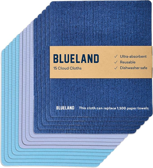 BLUELAND Cloud Cloth, 15-Pack, Reuseable Paper Towel Replacement, Natural Swedish Dish Kitchen Sponge