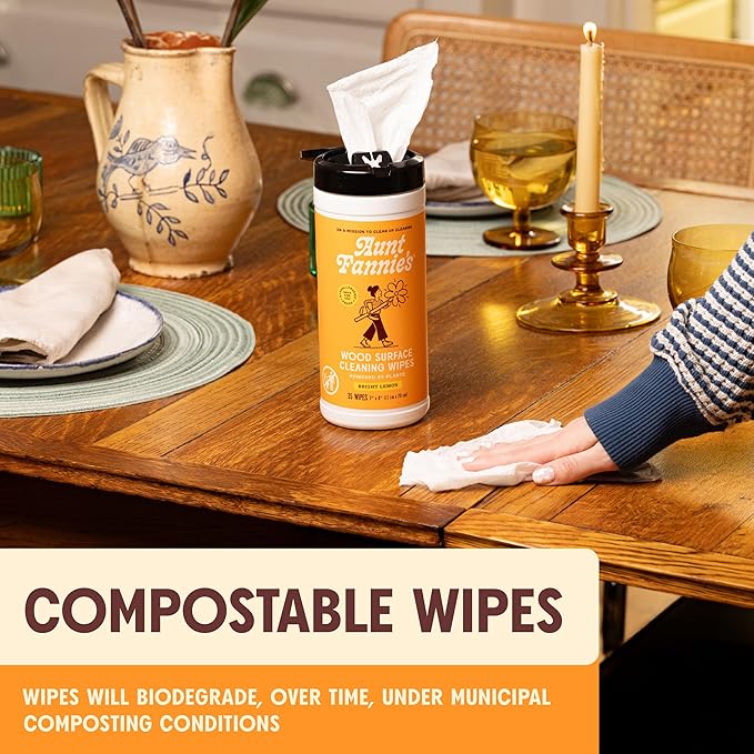 Aunt Fannie's Wood Surface Cleaning Wipes, Multipurpose Wood Surface Cleaner for Cabinets, Furniture, and Wood Floors, Lemon Scent, 35 Count (Pack of 6)