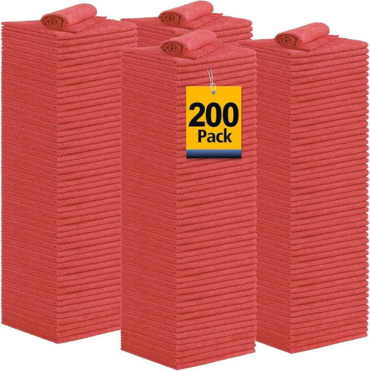 Shop Towel Rag, 200 Pack Reusable Rags Bulk Microfiber Cleaning Cloth Lint Free Towels for Car Kitchen Automotive Bar Mechanic Restaurant Garage, 11.5"x 11.5", Red