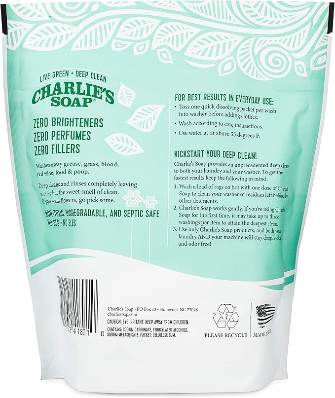 Charlie's Soap - Unscented Powdered Laundry Packets 30 Count (2 Pack 60 Total Loads)