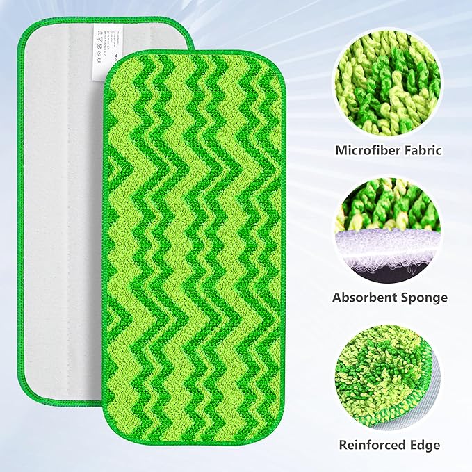 6 Reusable Mop Pads Compatible with Swiffer Wet Jet Mops, Microfiber Wet Jet Pads Refills Washable Dry Wet Mopping Cloths for Swiffer WetJet 12" Mop All Purpose Hardwood Floor Cleaning, Green