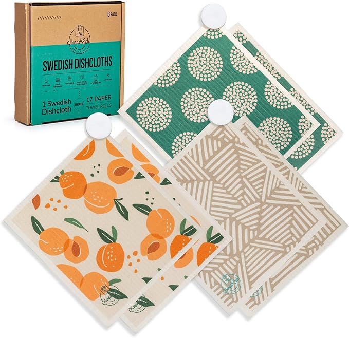 Harps&Seb Swedish Dishcloths for Kitchen Dish Towels - 6 Pack, Reusable Paper Towels with Clips, Super Absorbent Washable Non-Scratch Swedish Dish Towels, No Odor, Biodegradable