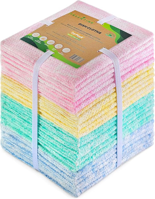Eco-Friendly Reusable Dish Cloth Set – 24-Pk Multipurpose Kitchen Cleaning Cloth Made from Recycled Materials – Absorbent, Dish Towels & Non-Scratch Cleaning Rags, 12x12 in.