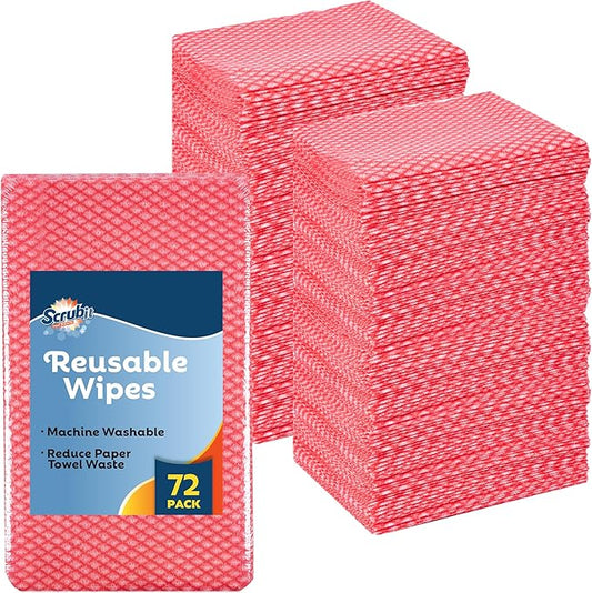 SCRUBIT Reusable Cleaning Wipes, Handy Wipes for Kitchen and Office - Dish Cloths for Washing Dishes - Multi Purpose Disposable Cleaning Towels (12 x 20 in) 72 Pack (Red)