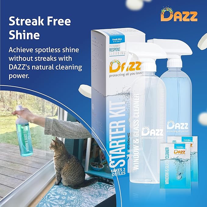DAZZ Whole House Starter Kit (3 Reusable Spray Bottles, 6 Refills) Natural All Purpose Cleaner, Glass and Window Cleaner, and Bathroom Cleaner - Eco Friendly, Non Toxic