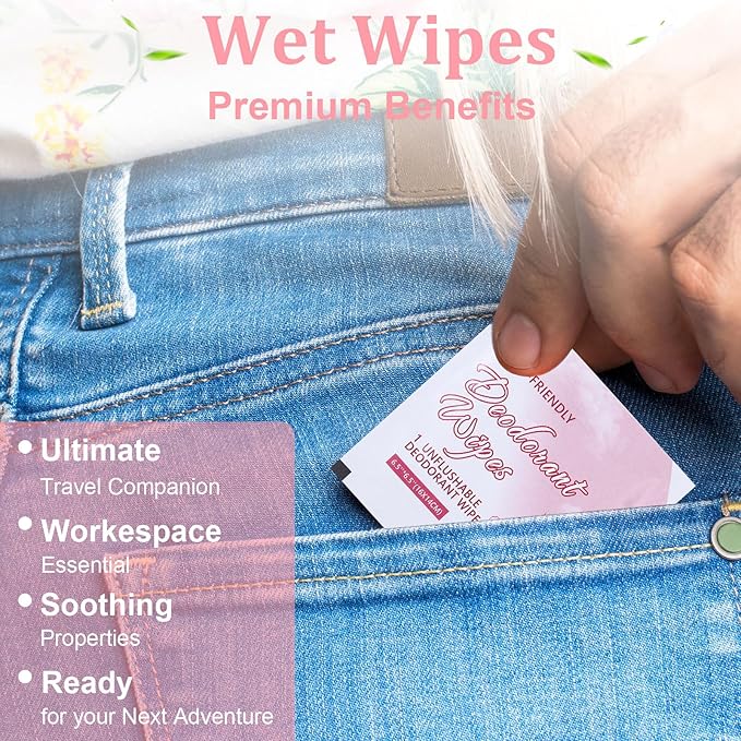 200Pcs Travel Deodorant Wipes, Travel Size Mini Deodorant Wipes Bulk for Homeless, Individually Wrapped Body Cleaning Supplies for Women Wet Armpit for Body Cleaning Rose