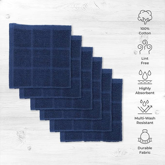 100% Cotton Dish Cloth for Dish Washing, Terry Dish Cloth, Cotton Dish Rags, 6 Pack, Super Soft and Absorbent,12"x12", inches, Reusable Cleaning Cloth, Navy Blue