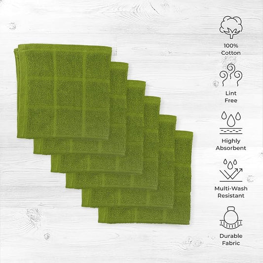 100% Cotton Dish Cloth for Dish Washing, Terry Dish Cloth, Cotton Dish Rags, 6 Pack, Super Soft and Absorbent,12"x12", inches, Reusable Cleaning Cloth, Green
