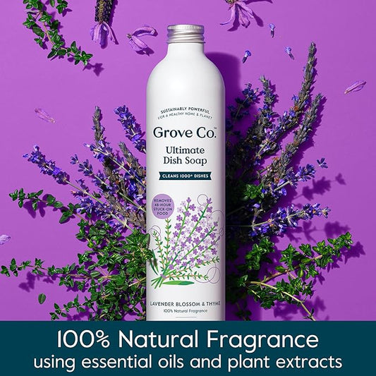 Grove Co. Ultimate Dish Soap Refills (3 x 16 Fl Oz) Removes 48-hr Stuck-on Food and Grease, Plastic Free Cleaning Products, 100% Natural Lavender Blossom & Thyme Fragrance
