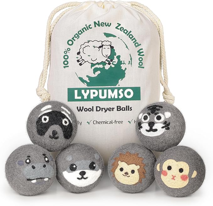 Lypumso Wool Dryer Balls Organic 6 Pack-XL, 100% New Zealand Wool Reusable Fabric Softener for Up to 1000 Loads, Anti Clothing Static and Shorten Drying Time, Baby Safe & Hypoallergenic