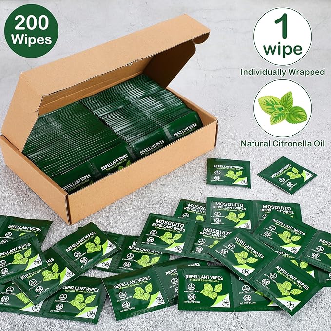 200 Pieces Travel Size Wipes Citronella Oil Individually Wrapped Wipes for Indoor Outdoor Travel Picnic Camping Hikes