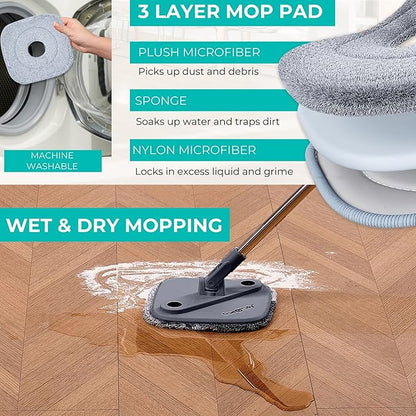 True & Tidy True Clean Spin Mop & Bucket System – Dual Compartment Design for Clean & Dirty Water, 360° Swivel Mop Head, Built-in Scrubbing Brush, Stainless Steel Handle & 2 Reusable Microfiber Pads