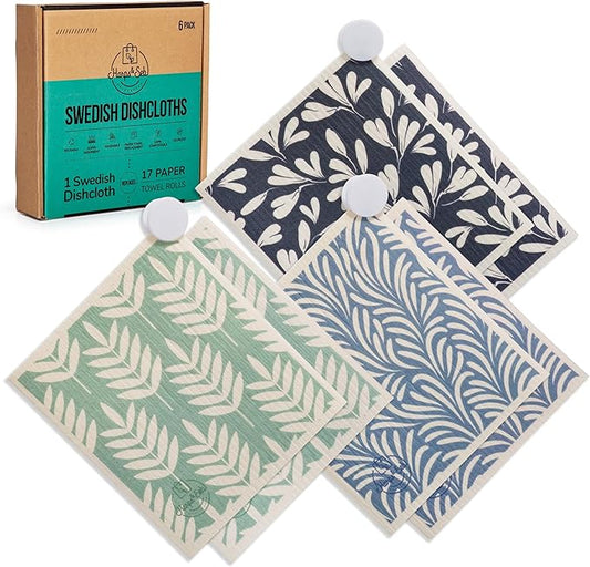 Harps&Seb Swedish Dishcloths for Kitchen Dish Towels - 6 Pack, Reusable Paper Towels with Clips, Super Absorbent Washable Non-Scratch Swedish Dish Towels, No Odor, Biodegradable
