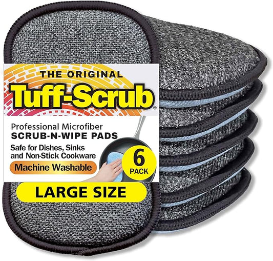 Original Scrub-N-Wipe Pad, Large, 6-Pack, Microfiber, Multi-Surface, Non-Scratch, Dual-Sided, Scrubber for Dishes, Sinks, Non-Stick Cookware – Machine Washable, Durable Kitchen Sponge