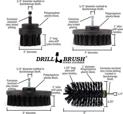 Drill Brush Power Scrubber by Useful Products - 5 Piece Black Drillbrush Ultra Stiff Cleaning Brushes Set - Non Metal Grill Brush Attachment Kit for Cordless Drill - Nylon Grill Grate Cleaner Brushes