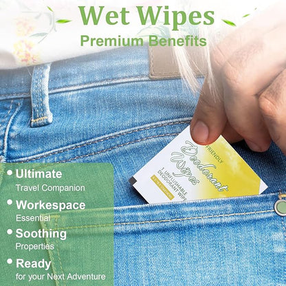 200Pcs Travel Deodorant Wipes, Travel Size Mini Deodorant Wipes Bulk for Homeless, Individually Wrapped Body Cleaning Supplies for Women Wet Armpit for Body Cleanin Lemon