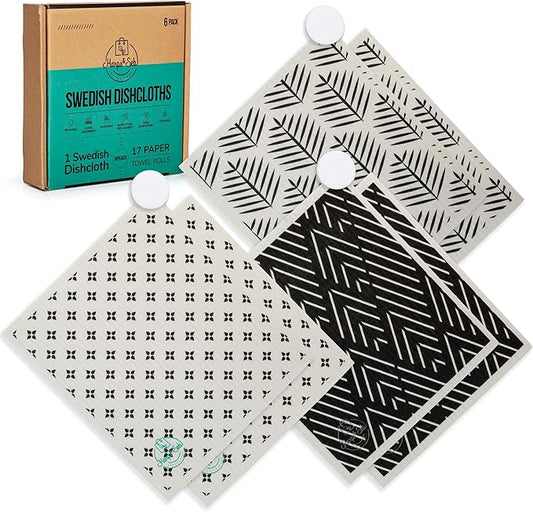 Harps&Seb Swedish Dishcloths for Kitchen - 6 Pack, Reusable Paper Towels with Clips, Super Absorbent Washable Non-Scratch Swedish Dish Towels, No Odor, Biodegradable