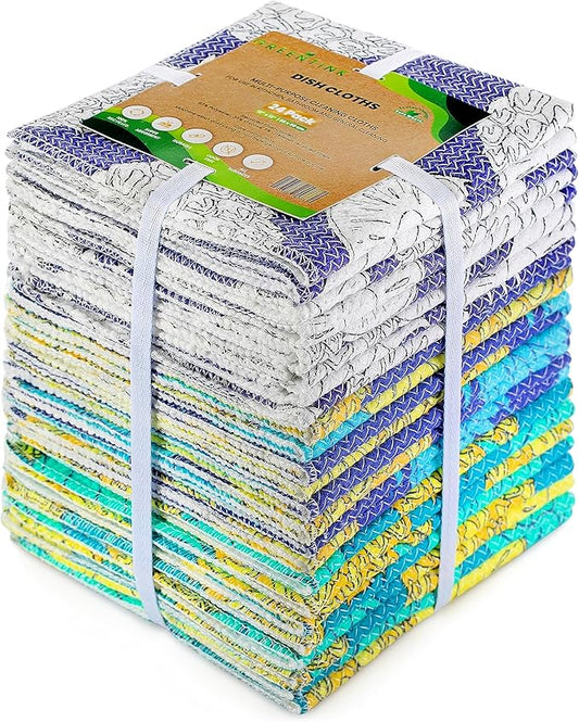 Eco-Friendly Reusable Dish Cloth Set – 24-Pk Multipurpose Kitchen Cleaning Cloth Made from Recycled Materials – Absorbent, Dish Towels & Non-Scratch Cleaning Rags, 12x12 in.