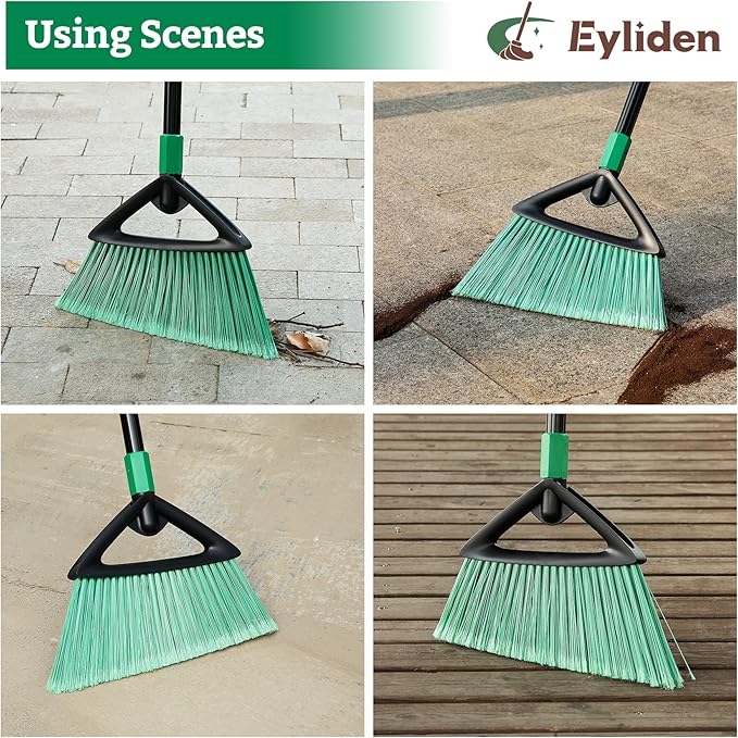 Eyliden Broom, Angle Broom with 57" Long Handle - Fit Heavy-Duty Cleaning, Also Works Well Fine Dust - Commercial Outdoor Indoor Sweeper for Courtyard, Sidewalk, Deck, Kitchen, Lobby, Garage, Green