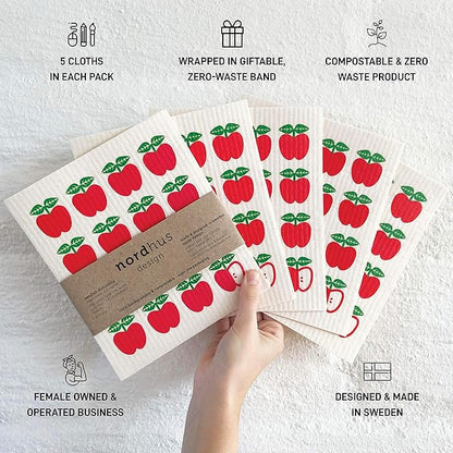 Nordhus Design Swedish Dishcloths, 5 Apple Cloths, Made in Sweden - Reusable, Washable Cellulose Cotton Kitchen Cloths - Replace Paper Towels, Wipes, Sponges, Dish Rags