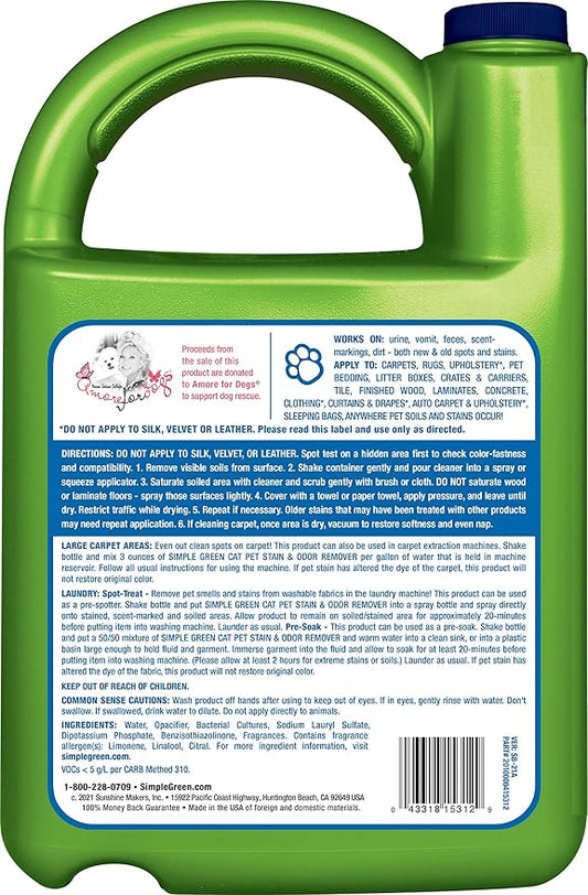 Simple Green Cat Stain & Odor Remover - Enzyme Cleaner for Cat Urine, Feces, Blood, Vomit (1 Gallon Refill) (Pack of 2)