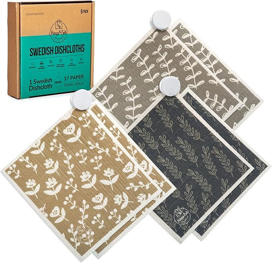 Harps&Seb Swedish Dishcloths for Kitchen Dish Towels - 6 Pack, Reusable Paper Towels with Clips, Super Absorbent Washable Non-Scratch Swedish Dish Towels, No Odor, Biodegradable