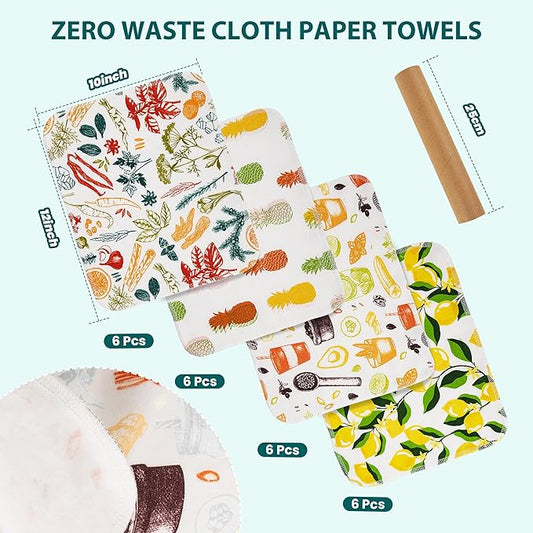 Reusable Paper Towels 24 Pack Washable Kitchen Cotton Paperless Paper Towel Roll Eco Friendly Super Soft, Absorbent Cloth Napkins