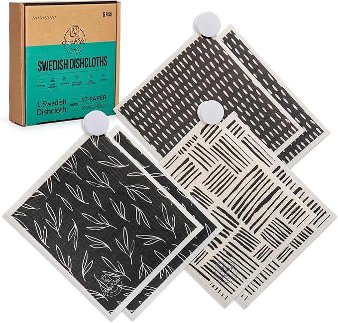 Harps&Seb Swedish Dishcloths - 6 Pack, Reusable Kitchen Dish Towels with Clips, Super Absorbent, Non-Scratch, Biodegradable