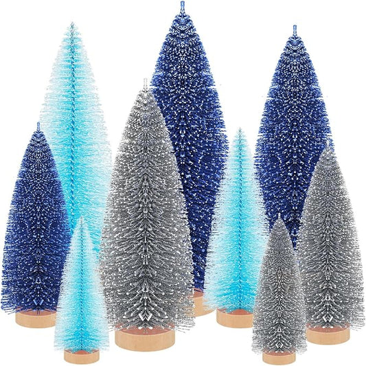 Leyndo 9 Pcs Blue Color Mini Sisal Bottle Brush Trees Small Artificial Christmas Tree with Wood Base Christmas Pine Decor for Winter Home Table Party Decor
