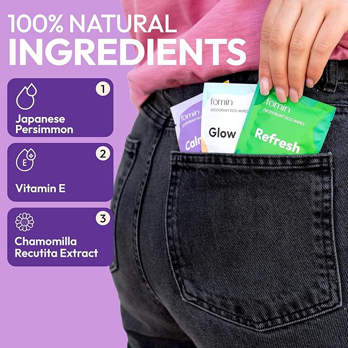 FOMIN Travel Deodorant Wipes - 30 Count - Lavender and Chamomile pH Balanced, Hypoallergenic Mini Deodorant Wipes For Women and Men - Plastic-Free, Individually Wrapped Underarm & Body Wipes