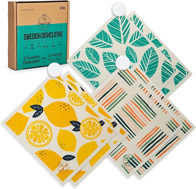 Harps&Seb Swedish Dishcloths for Kitchen Dish Towels - 6 Pack, Reusable Paper Towels with Clips, Super Absorbent Washable Non-Scratch Swedish Dish Towels, No Odor, Biodegradable