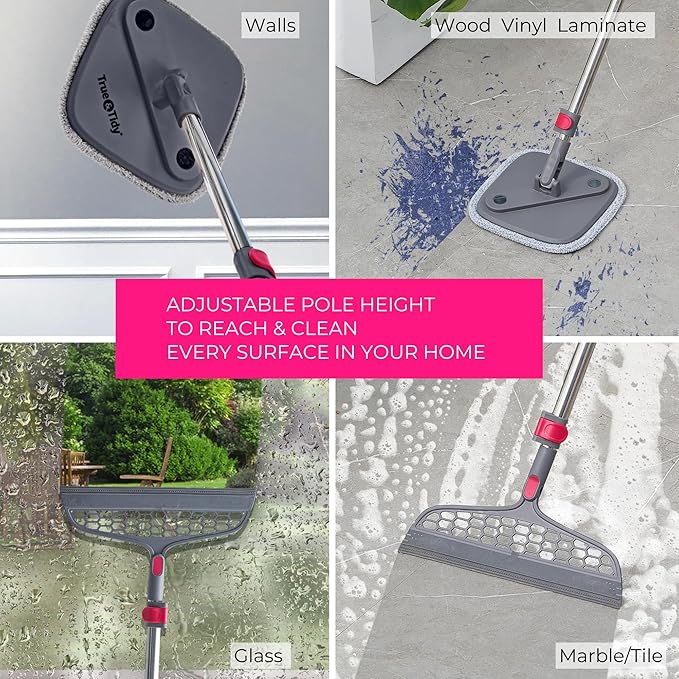 True & Tidy True Clean Spin Mop & Bucket System – Dual Compartment Design for Clean & Dirty Water, 360° Swivel Mop Head, Built-in Scrubbing Brush, Stainless Steel Handle & 2 Reusable Microfiber Pads