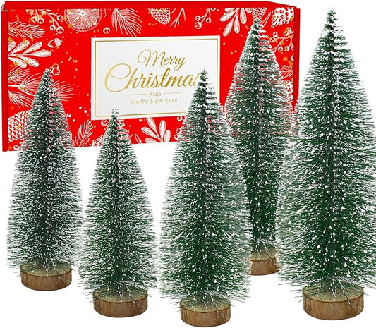 5PCS Small Christmas Trees, Bottle Brush Christmas Trees Mini Sisal Snow Frost Trees Pine Trees with Wood Base Tabletop Mini Christmas Village Tree for Holiday Decorations