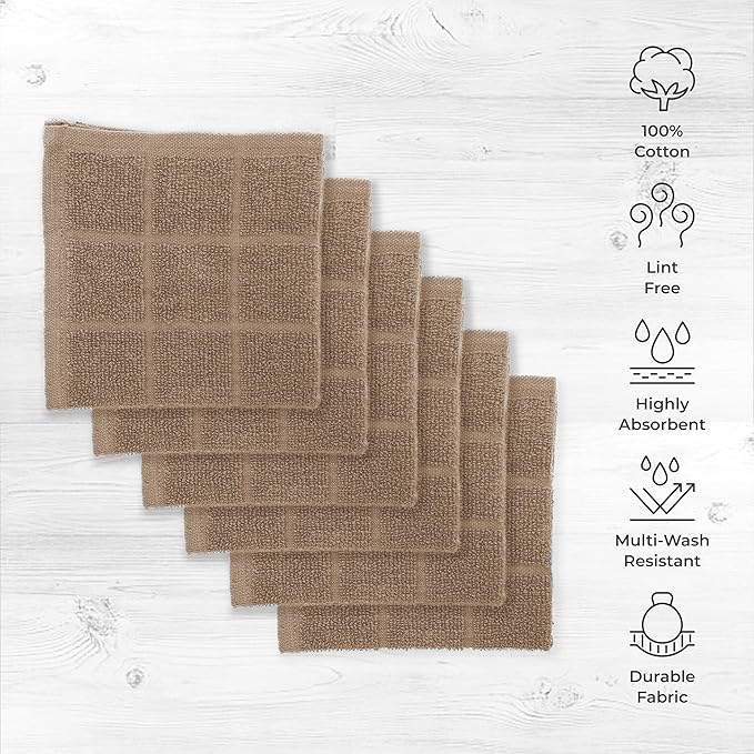 100% Cotton Dish Cloths for Dish Washing, Terry Dish Cloth, Cotton Dish Rags, 6 Pack, Super Soft and Absorbent, 12"x12" inches, Reusable Cleaning Cloth, TAN Dish Cloth