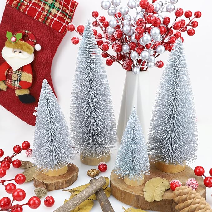 SITUMEIZI Silver Bottle Brush Christmas Trees - Small Xmas Tree Gifts 4 Pc Mini Bottle Brush Tree for Christmas Decorations