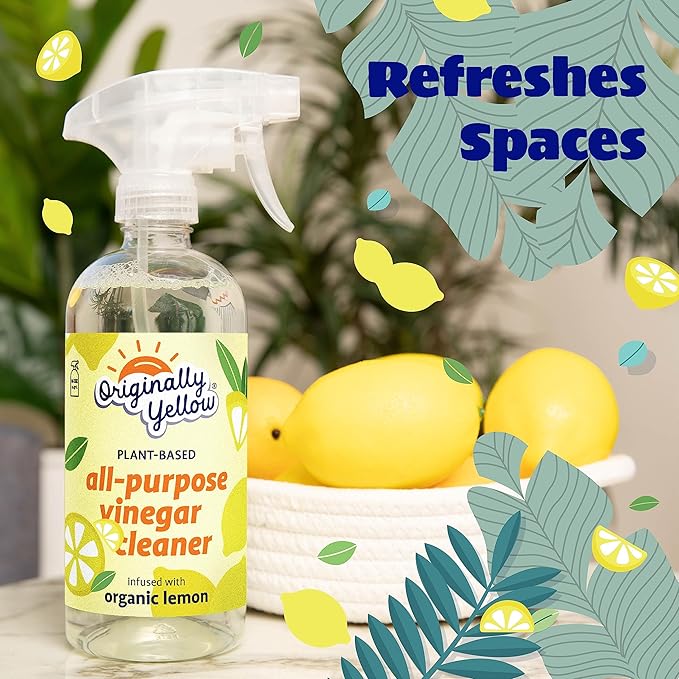 Originally Yellow All-Purpose Distilled Vinegar Spray Living Room, Bathroom, & Kitchen Cleaner Spray | Infused with Organic Lemon | Plant-Based All Purpose Cleaner, 16 Fl Oz (3-Pack)