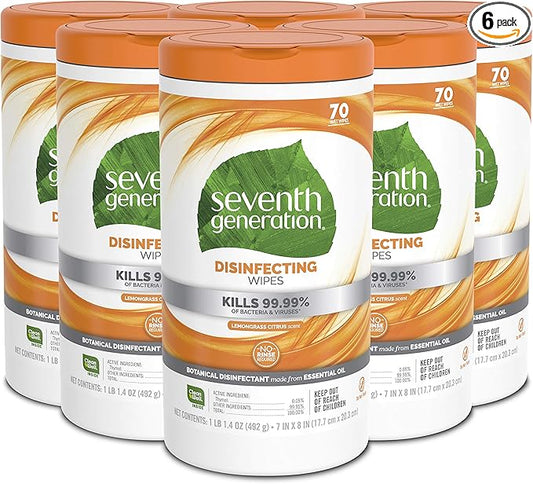 Seventh Generation Disinfecting Multi Surface Wipes, Botanical Disinfectant, 70 Count, Pack of 6