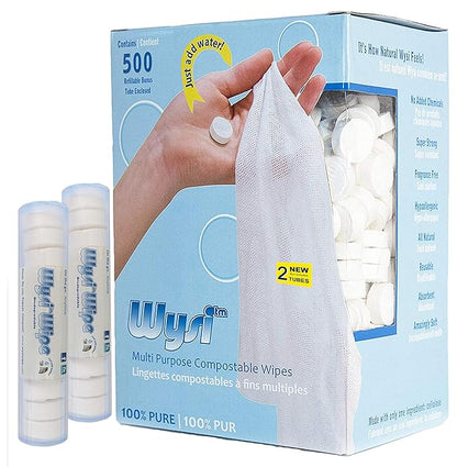 Multi-Purpose Wipes & 2 Travel Tubes - Just Add Water - Box of 500 Compact Towelettes + 2 To Go Tubes - All Natural Wipes Reusable - Hypoallergenic - Scent-Free - Compostable - Expandable Cloth.